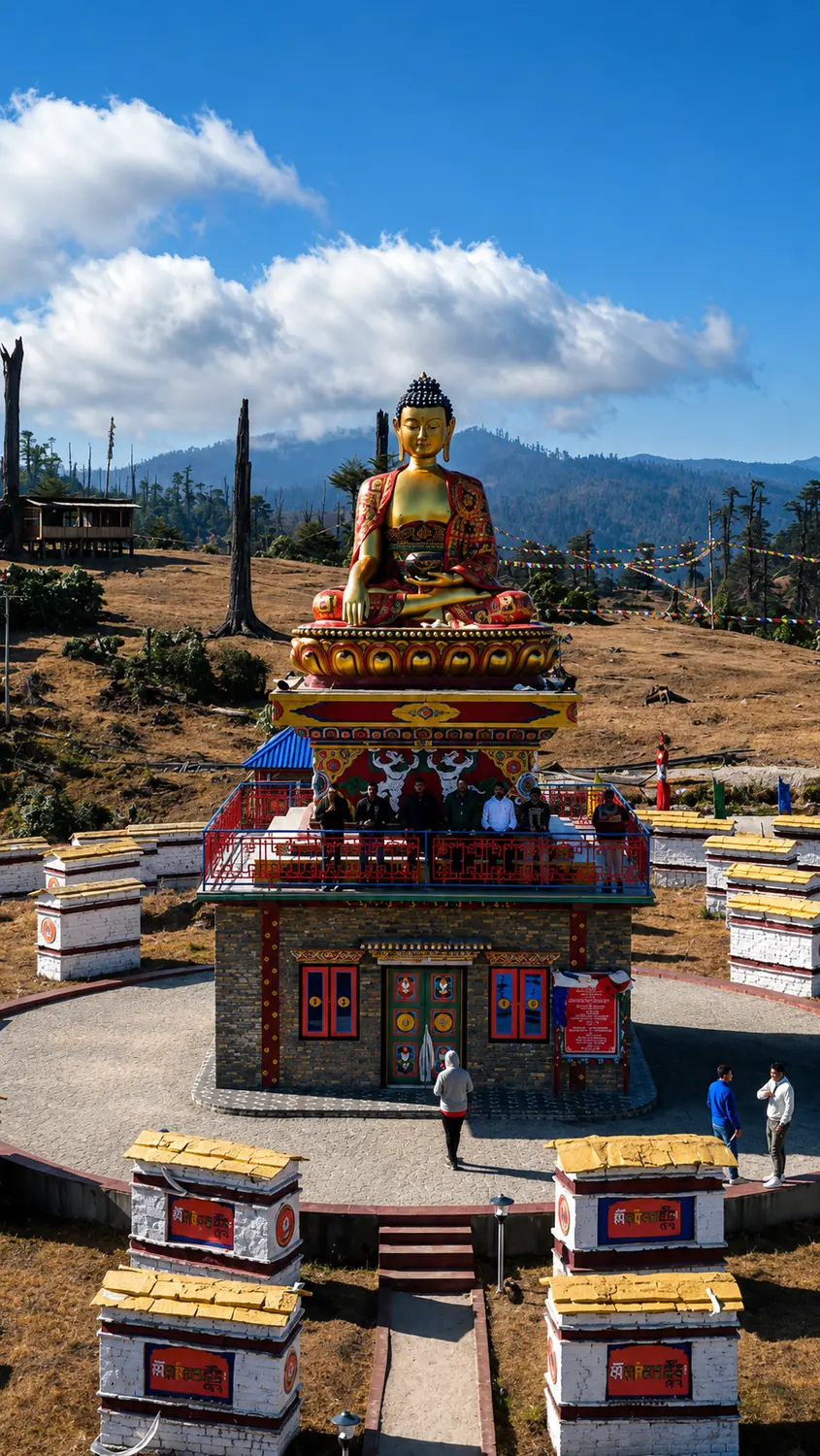 Golden Buddha statue in Tawang under a blue sky